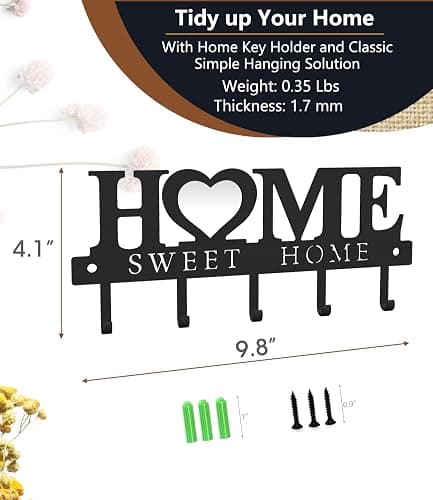 WIPHANY Key Holder Hooks Organizer Hanger Rack Wall Mounted with Screws and Anchors Home Sweet Home Wall Metal Decor for Entryway Front Door Kitchen Hallway Garage Mudroom Office 9.8inches/25cm thumbnail 2