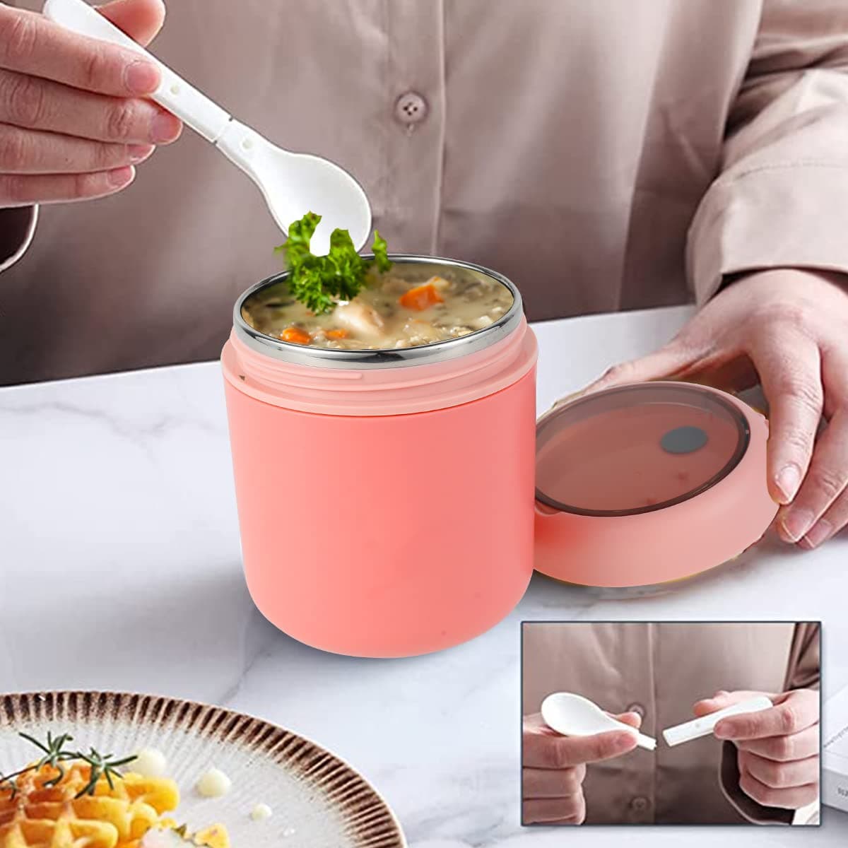 Insulated Food Jar with Spoon, Soup Food Flask，Stainless Steel Vacuum Food Soup Bottles That Keep Foods Hot, Insulated Food Container Wide Mouth Hot Food Jar(pink 530ml) thumbnail 3