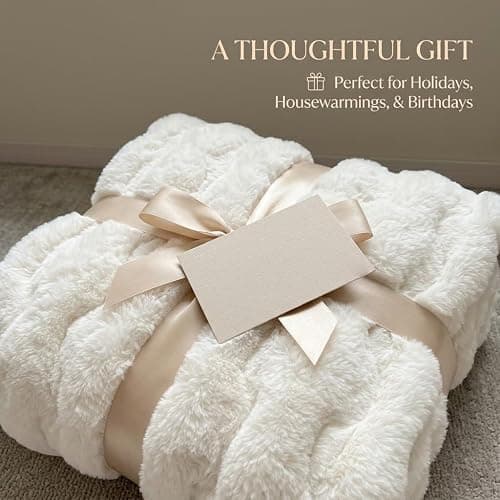 Faux Rabbit Fur Throw Blanket, Luxury Soft Warm Bubble Blanket for Bed, Couch, Sofa, Beige, 50" X 60" thumbnail 6