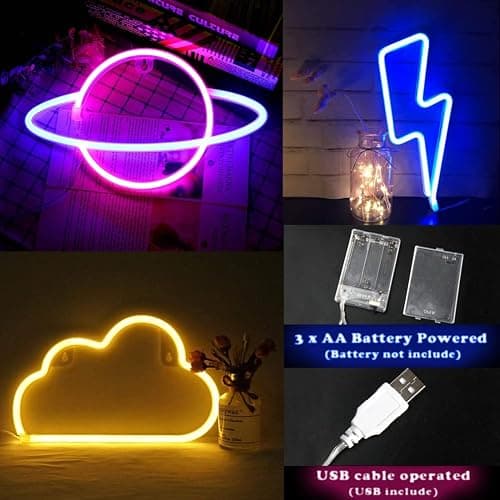 Neon Light Sign, 3 Pcs Eclair Planète Nuage Space Neon Sign Batterie USB Neon Sign Light Néon Signe Planète Lampe pour Chambre à Coucher Salle de Jeux Bar Fête Pépinière Fête d'anniversaire thumbnail 6