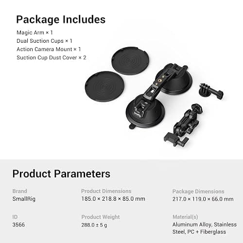 SmallRig Camera Suction Cup Mount, Mount for GoPro 13/12, for DJI Action 6/5, on Car Window, Windshield, for Sony DSLR, Lightweight Camera, Vehicle Shooting,Vlogging, with Action Camera Mount-3566 thumbnail 8
