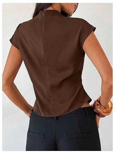 Floerns Women's Buckle Tie Elegant Blouse Mock Neck Shirts Cap Sleeve Business Casual Tops thumbnail 3