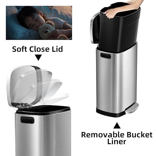 KdbK 13 Gallon Trash Can with Lid, 50L Fingerprint Proof Stainless Steel Kitchen Trash Can with Removable Inner Bucket and Lid Soft Close, Pedal Rubbish Bin for Home Office thumbnail 3