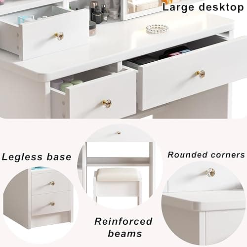 Vanity Desk Makeup Vanity Desk with Sliding Mirror and Lights, Makeup Vanity Set with Drawers, Stool and Open Shelves, 3 Color Lighting Modes Brightness Adjustable Dressing Table for Bedroom (Model 2) thumbnail 4