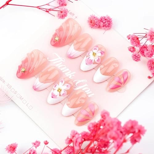 3D Pink Flower Press On Nails Nude Pink Gradient French Tip False Nails with Water Drop & Gold Starfish Decor, Medium Almond Reusable Fake Nails for Women Wedding Date (30 Pcs) thumbnail 3