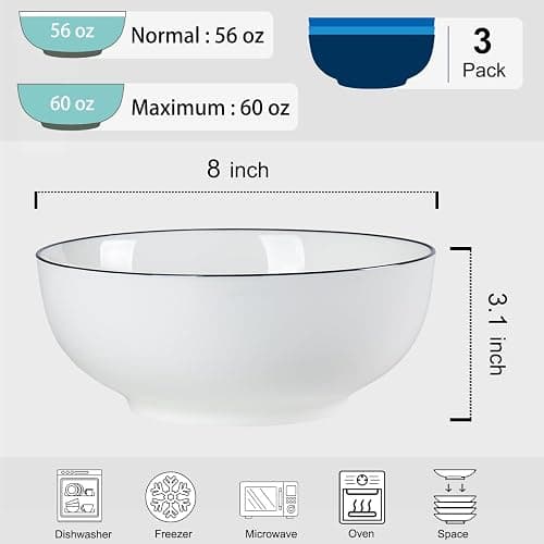 Dyware 60 oz Large Soup Bowl, Pho Bowls, 8-Inch Rimmed Off-White Porcelain Bowls Set of 3, Perfect for Hearty Meals and Serving thumbnail 3