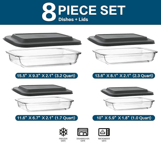 8-Piece Deep Glass Baking Dish Set with Plastic lids,Rectangular Glass Bakeware Set with Lids, Baking Pans for Lasagna, Leftovers, Cooking, Kitchen, Freezer-to-Oven and Dishwasher, Gray thumbnail 3