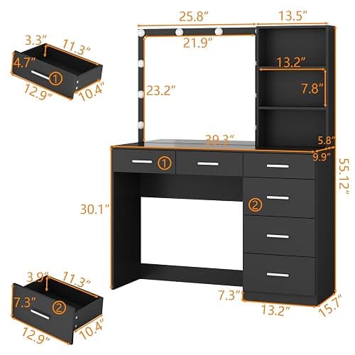 Gyfimoie 39 Inches Black Vanity Desk with Lights, 6-Drawers Makeup Vanity Table with Power Strip and Storage Shelves, Dressing Table with Lighted Mirror for Women Girls (Black) thumbnail 2