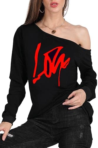 MAGICMK Woman’s Sweatershirt Lips Print Causal Blouse Off The Shoulder Long Sleeve Loose Slouchy Pullover Plus Size Tops - Black+blips - 5X-Large thumbnail 5