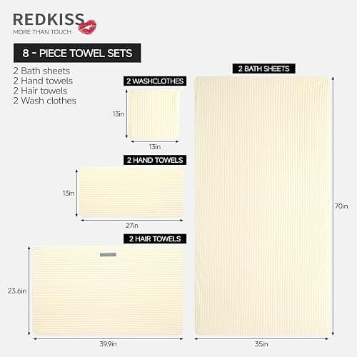 REDKISS Beige Bath Towels Set 8 Piece - Microfiber Bathroom Towels of 8 Large, Highly Absorbent Bath Towel, Soft Shower Towel for Bathroom, Hotel 2 Bath Sheet 2 Hand 2 Washcloths 2 Hair Towel Wrap thumbnail 3