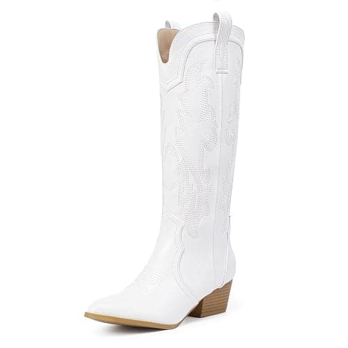 IDIFU IN2 Cowboy Boots For Women Cowgirl Knee High Western Tall Boots Chunky Low Pointed Toe Heel Boots Fashion Booties for Women Embroidered Wedding Country Concert Boots - Image 1
