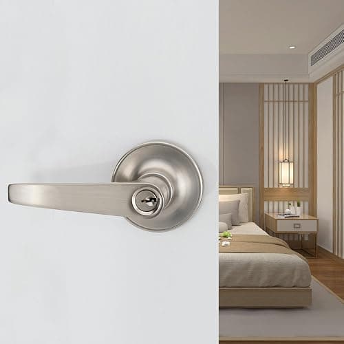 1 Pack of MANREN Lever Keyed Entry Door Lever Handle Lock, Universal Door Knob Hardware,Nickel Brushed Color (MR802-CA) thumbnail 7