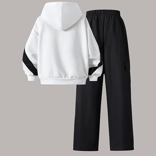 ZGKB Girls' Hooded Sweatshirt and Pants Set, White and Black, Casual Jersey Outfit, 8-12 Years thumbnail 2