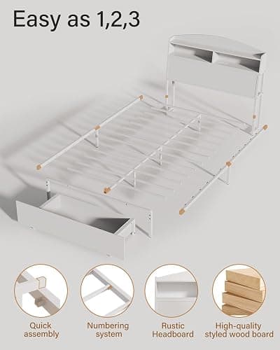 Wooden Twin Bed Frame with Smart Storage Headboard & Drawer, 3-in-1 USB Charging Station, No Box Spring Required, Non-Slip Design, Perfect for Kids, Teens, or Guest Room (No Door White, Twin) thumbnail 8