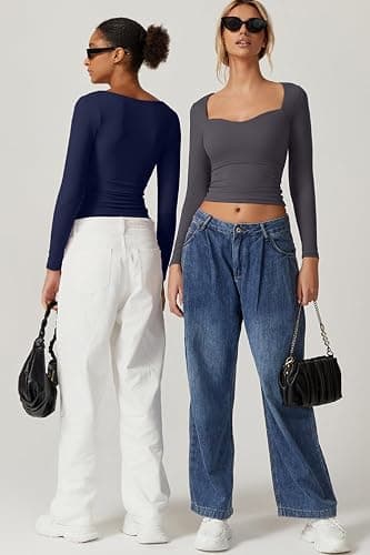 QINSEN Womens Slimming Fit Sweetheart Neck Long Sleeve Basic Crop Tops Stretch Going Out Tee Shirt thumbnail 5