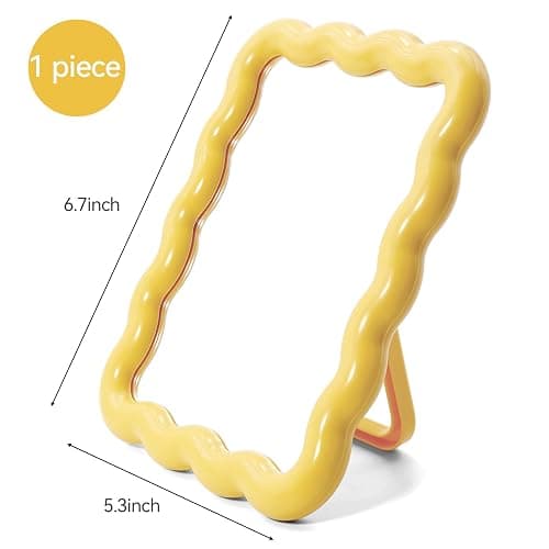 Philbinden Cute Wave-Shaped Desk Vanity Makeup Mirror, Portable Folding Travel Make Up Mirror for Standing/Hanging, Home Decorations Mirror for Women Girls (1, Yellow) thumbnail 2