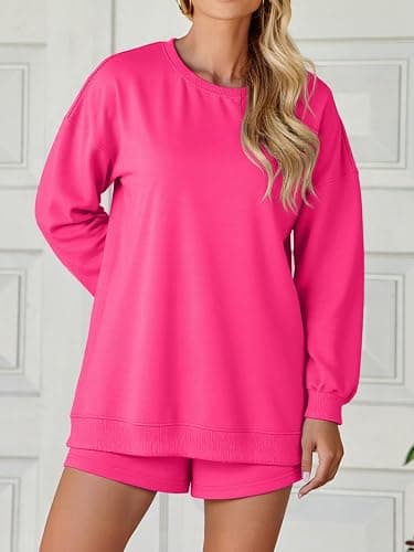 Tankaneo Womens Oversized 2 Piece Outfits Sweatsuit Casual Long Sleeve Crewneck Sweatshirts Sweat Shorts Fall Lounge Sets thumbnail 4