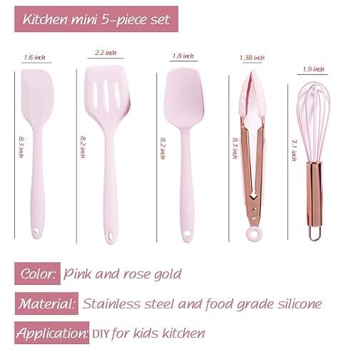 Collfa Rose Gold And Pink Kitchen Utensil Small Five-Piece Set Mini Silicone Kids Kitchen Tools Whisk Spatula Tongs Spoon And Slotted Spatula(Kids Baking Supplies) thumbnail 3