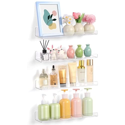 Mecnmsa 4 Pack Acrylic Shelves for Wall Storage, 15" Floating Bookshelves for Kids, Display Shelf Organizer for Bathroom, Bedroom, Living Room Decor, Kitchen, Clear - Image 1