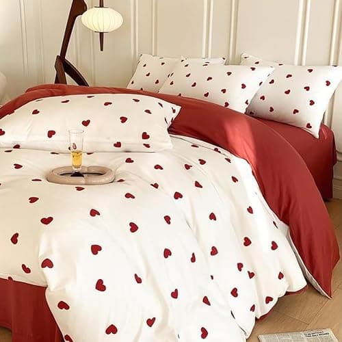 Freyamy Housse de Couette 220x240cm+2 Taie d'oreiller 65x65cm Coeur Imprimé Rouge Blanc Parure de lit 2 Personnes Adulte Motif du Cœur Sets de Housse Couette en Microfibre avec Fermeture Éclair thumbnail 2