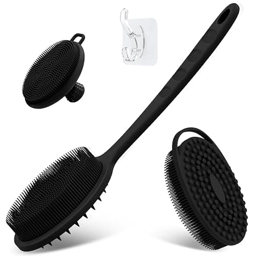GEENOA Silicone Back & Body & Face Scrubber Set 3PCS, Gentle Exfoliating Back & Body Scrubber with Dual-Side Brush Head, Hygienic Silicone Loofahs with Soft Bristle and Non-Slip Handle(Black-3PC) - Image 1