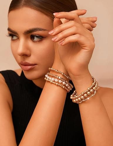KISS WIFE Gold Beaded Bracelets for Women, Stackable Stretch Bracelet Set | 13 stretch bracelets combine polished gold-tone beads and faux pearls for stacked or individual everyday styling. thumbnail 7