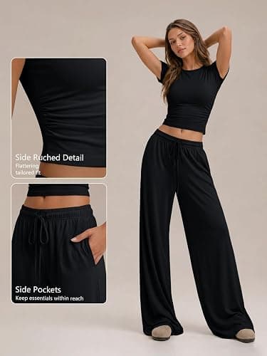 Trendy Queen Women's 2 Piece Matching Summer Lounge Set with Pockets | Vacation Airport Travel Outfits, Workout Gym Clothing Comfy Athleisure Clothes, Side-ruched Top, Drawstring Wide Leg Pants thumbnail 5