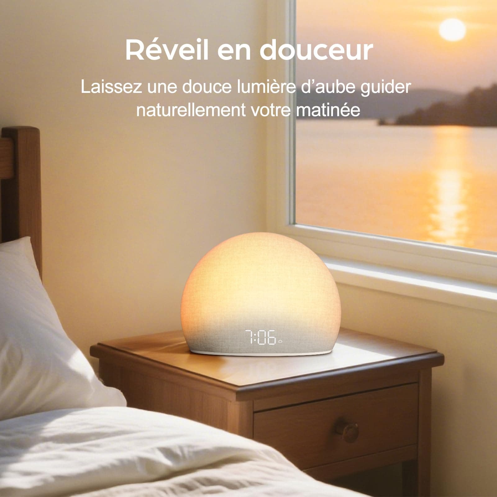Sunrise Wekker met White Noise Sound Machine | Natuurlijke Wake-Up Light met Zachte Alarmtonen, 20 Rustgevende Geluiden, Dimbaar Display, Schermvrij Ontwerp thumbnail 2