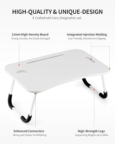FISYOD Foldable Laptop Table, Portable Lap Desk Bed Table Tray, Laptop Stand with Cup Holder & Tablet Slot & Lifting Handle for Working Writing Drawing & Eating (White) thumbnail 6