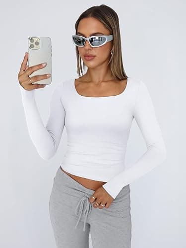 Trendy Queen Womens Long Sleeve Shirts Crop Tops Fall Fashion 2025 Square Neck Going Out Basics Tees Y2k Clothes thumbnail 2