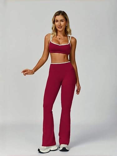 ABOCIW Workout Sets for Women 2 Piece Color Block Strappy Sports Bra High Waist Flare Leggings Gym Yoga Pilates Outfits thumbnail 3