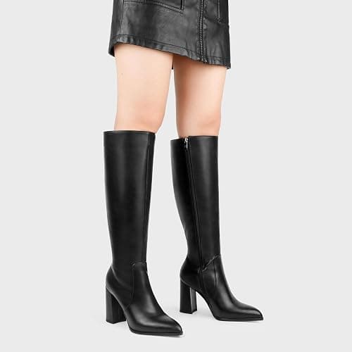 COLETER Women's Knee High Boots Pointed Toe Chunky Gogo Boots Zipper Block Heeled Tall Dress Boots thumbnail 2