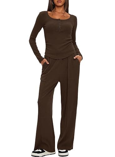 Darong Womens 2 Piece Matching Lounge Sets 2026 Long Sleeve Henley Shirts Wide Leg Pants Airport Travel Outfits thumbnail 5
