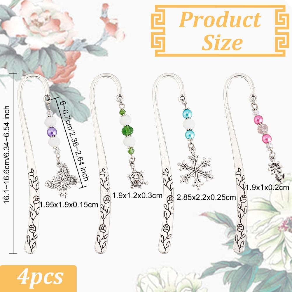 OLYCRAFT 4 Pcs Hook Alloy Bookmarks Glass Beaded Bookmarks Antique Silver Metal Bookmarks Vintage Bookmarks with Butterfly/Flower/Tortoise/Snowflake Pendant for Book Lovers - About 6.5 inch thumbnail 2