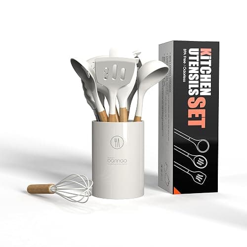 Silicone Cooking Utensils Set - 446°F Heat Resistant Silicone Kitchen Utensils for Cooking,Kitchen Utensil Spatula Set w Wooden Handles and Holder for Non-Stick Cookware (Cream White) thumbnail 7
