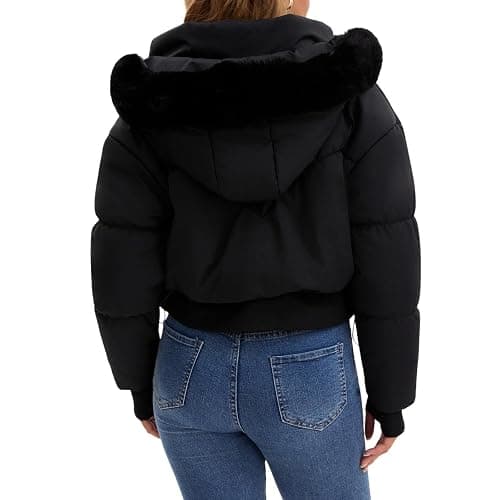bawilom Womens Winter Cropped Puffer Jacket Long Sleeve Oversized Stand Collar Zip-Up Short Coats with Faux Fur Hood Outwear thumbnail 2