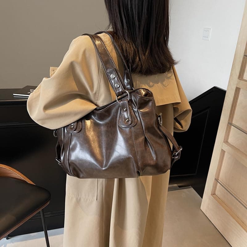 Leather Tote Bag for Women Trendy Y2k Streetwear Women's Hobo Purses Multi Pockets PU Leather Retro Large Work Totes thumbnail 4