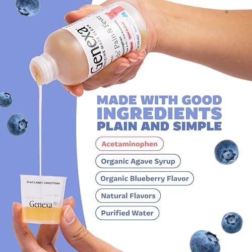 Genexa Children's Clean Acetaminophen | Pediatrician Preferred Ingredients | Pain & Fever Reducer for Kids | Dye Free, 0% Artificial Additives | Ages 2-11, Delicious Organic Blueberry Liquid, 4 fl oz thumbnail 6