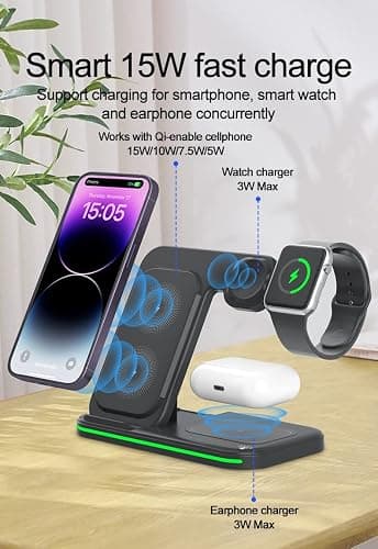 3 in 1 Wireless Charger Stand Foldable Fast Charging Station for Phone Watch and Earbuds 15W Wireless Charging Dock with Touch Control Type C Input Portable Travel Charging Stand thumbnail 2