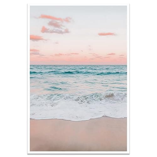 Modern Pastel Aesthetic Sunset Beach Wall Art Minimalist Serene Ocean Sky Canvas Picture Funny Trendy Romantic Blush Pink Wave Artwork for Office Bedroom Bathroom Decor 12x16inch Unframed - Image 1