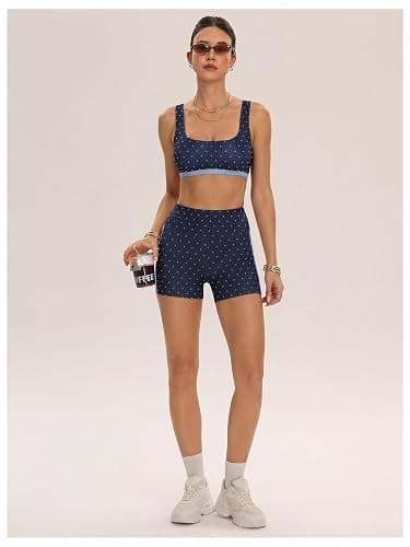 Milumia Women's Polka Dots Workout Set Layered Yoga Outfit with Shorts | Color Block,Two Piece,Bra Tank and Biker Shorts,Built In Bra,Activewear,Matching Set thumbnail 4