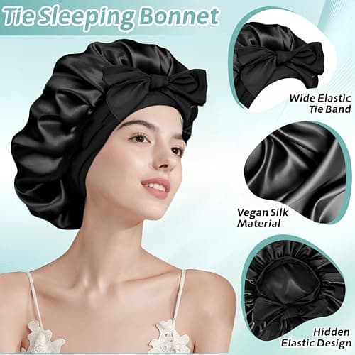 VECIIR Silk Bonnet for Sleeping Women, Ajustable Hair Bonnet for Curly Hair with Tie Band Shower Caps Black，Large thumbnail 4