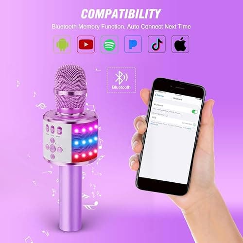BONAOK Karaoke Microphone for Kids & Adults - Bluetooth Microphones Singing Mic with Disco Lights, Echo Effect, Built-in Speaker Portable Karaoke Player for Party Travel Gifts Q78(Light Purple) thumbnail 4