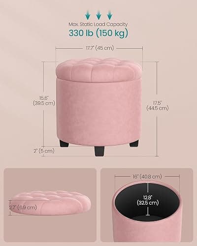 SONGMICS Round Ottoman, Ottoman with Storage, 17.7 x 17.7 x 17.5 Inches, Foot Rest with Legs, Velvet, Load up to 330 lb, for Living Room, Bedroom, Jelly Pink ULOM012R01 thumbnail 2