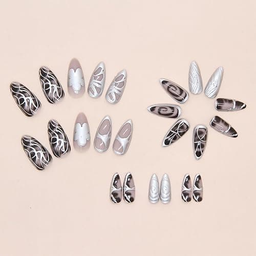 24 Stück Press on Nägel Y2K Medium Almond mit 3D Metall Schleife und Perlen Design - Schwarzer Gradient - Vollständiger Überzug - Falsche Nägel thumbnail 4