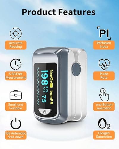 Fingertip Pulse Oximeter Blood Oxygen Saturation Monitor Pulse Ox, Heart Rate and Fast Spo2 Reading Oxygen Meter with OLED Screen Included Lanyard and 2 X AAA Batteries - Gray thumbnail 5