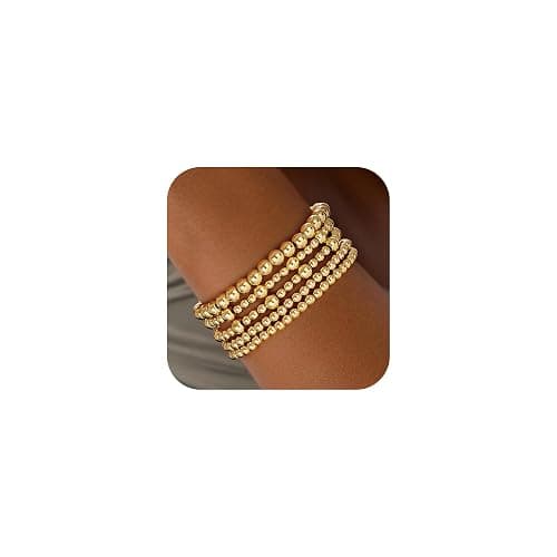 Eaciy Gold Bracelets for Women, 14K Gold Plated Beaded Bracelets Gold Strand Bead Ball Bracelet Stack Set Adjustable Bracelet Set Waterproof Jewelry for Women Gifts Non Tarnish - Image 1