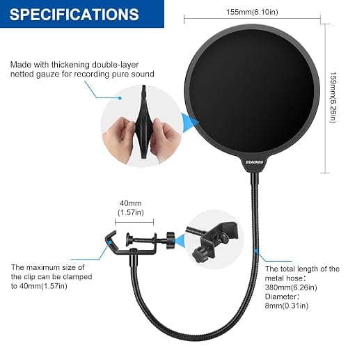 Aokeo Professional Microphone Pop Filter Mask Shield For Blue Yeti and Any Other Microphone,Mic Dual Layered Wind Pop Screen With Flexible 360° Gooseneck Clip Stabilizing Arm thumbnail 6