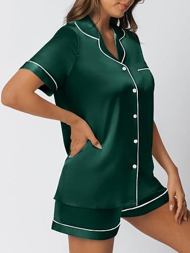 LILLUSORY Silk Satin Pajama Set for Women 2 Piece Lounge Pjs Shorts Matching Summer Sleepwear Button Down Shirt Shorts thumbnail 3
