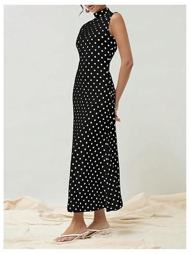Milumia Women's Polka Dots Maxi Tank Dress Vintage Mock Neck Sleeveless Elegant Long Dresses thumbnail 3